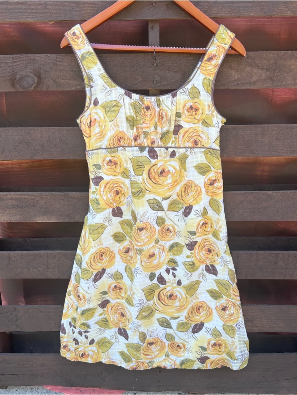 CAbi size 2 country cottage babydoll Yellow Rose-Print empire waist Mini Dress